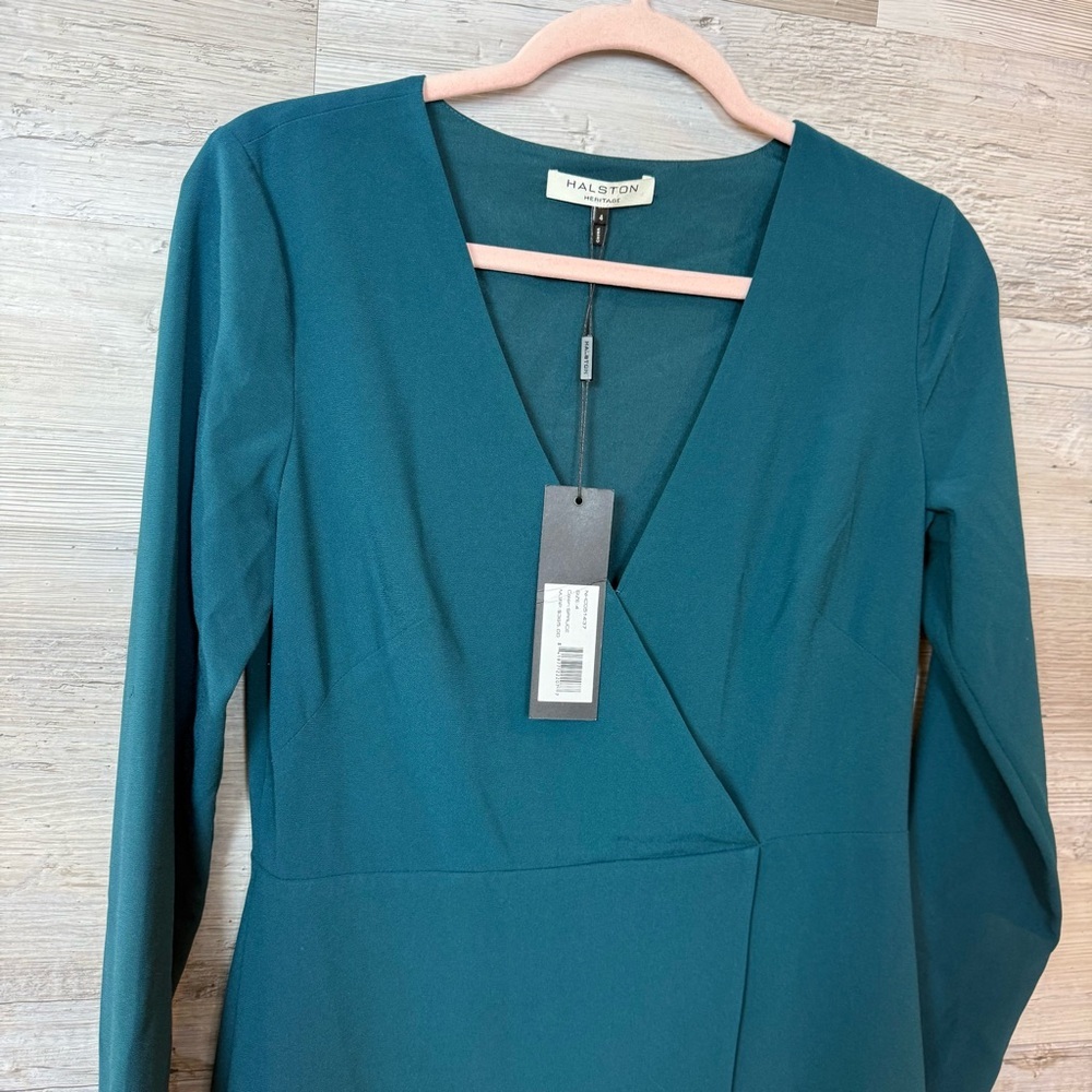 NWT Halston Heritage V-Neck Wrap Front Mini Dress in Dark Spruce - Size 4 - Picture 6 of 10